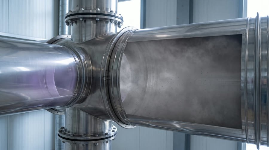 Illustration of activated air entering a hazy main duct at a right-angled junction