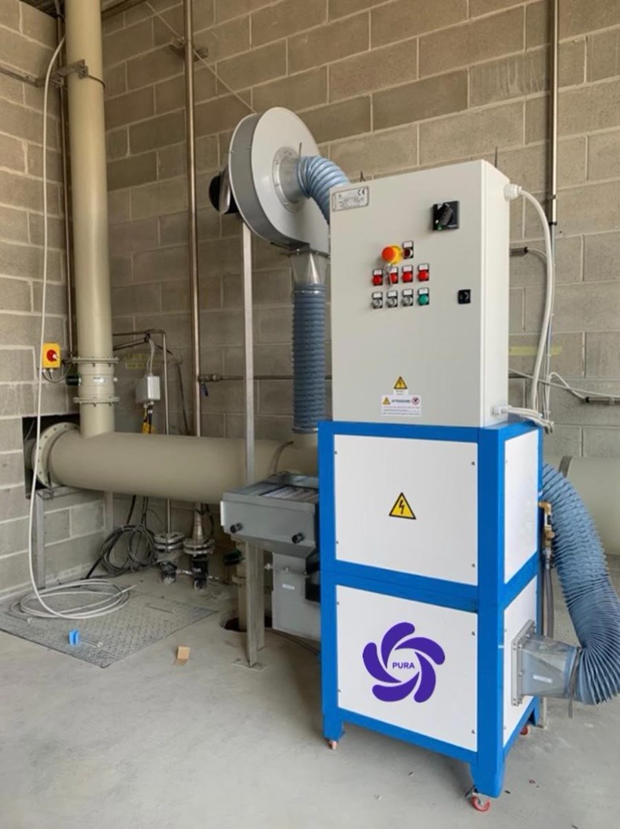 A PURA unit connected to a process duct against a block wall